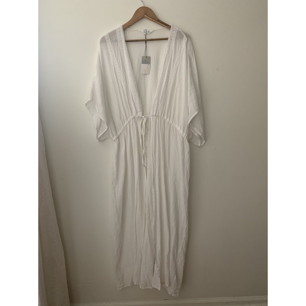Primark Cares Maxi Coverup Sz L White 100% Cotton Crochet Tie Front Beach Resort